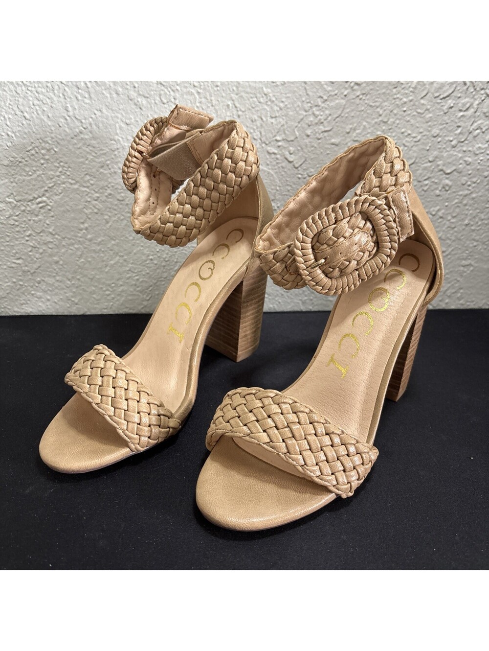 Ccocci Beige Woven Braided Ankle Strap Block Heel Sandals Boho Womens Size 6
